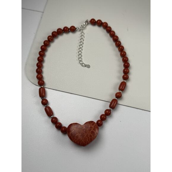 GSJ Coral Heart Beaded 16"-18.5" Sterling Silver Clasp Necklace - Picture 3 of 12